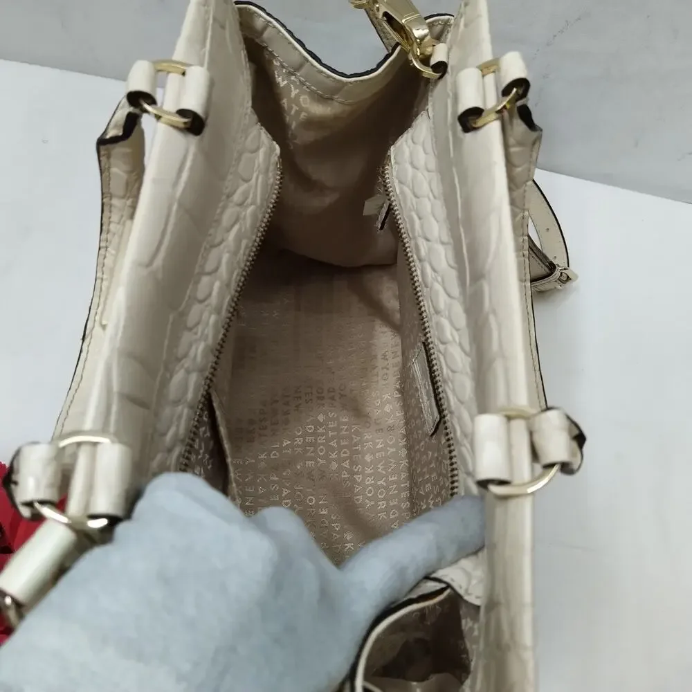 Kate Spade New York Ivory Leather Crocodile Embossed Top Handle Satchel Bag